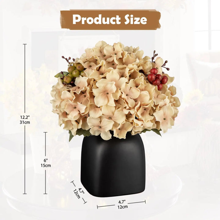 Briful Hydrangea Artificial Flowers in Ceramic Black Vase, Beige Silk Hydrangea Centerpiece