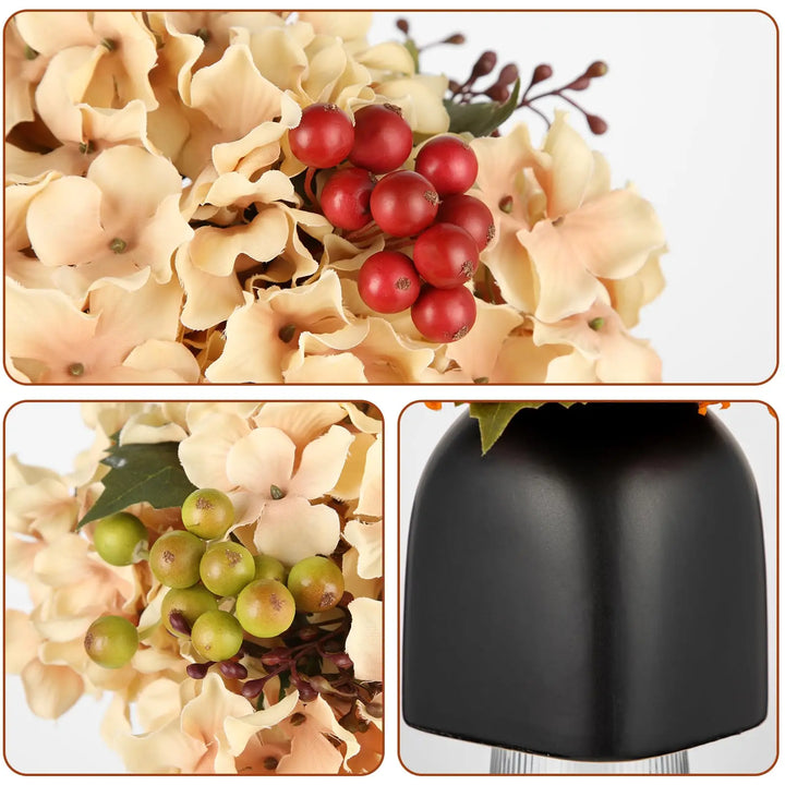 Briful Hydrangea Artificial Flowers in Ceramic Black Vase, Beige Silk Hydrangea Centerpiece