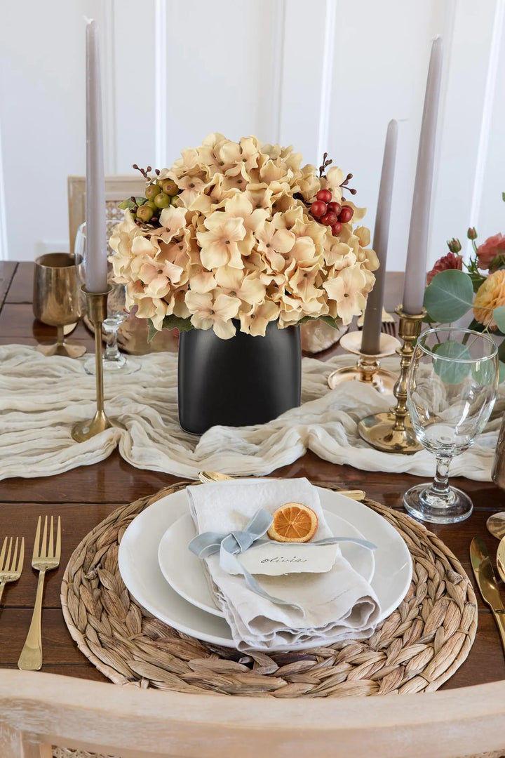Briful Hydrangea Artificial Flowers in Ceramic Black Vase, Beige Silk Hydrangea Centerpiece
