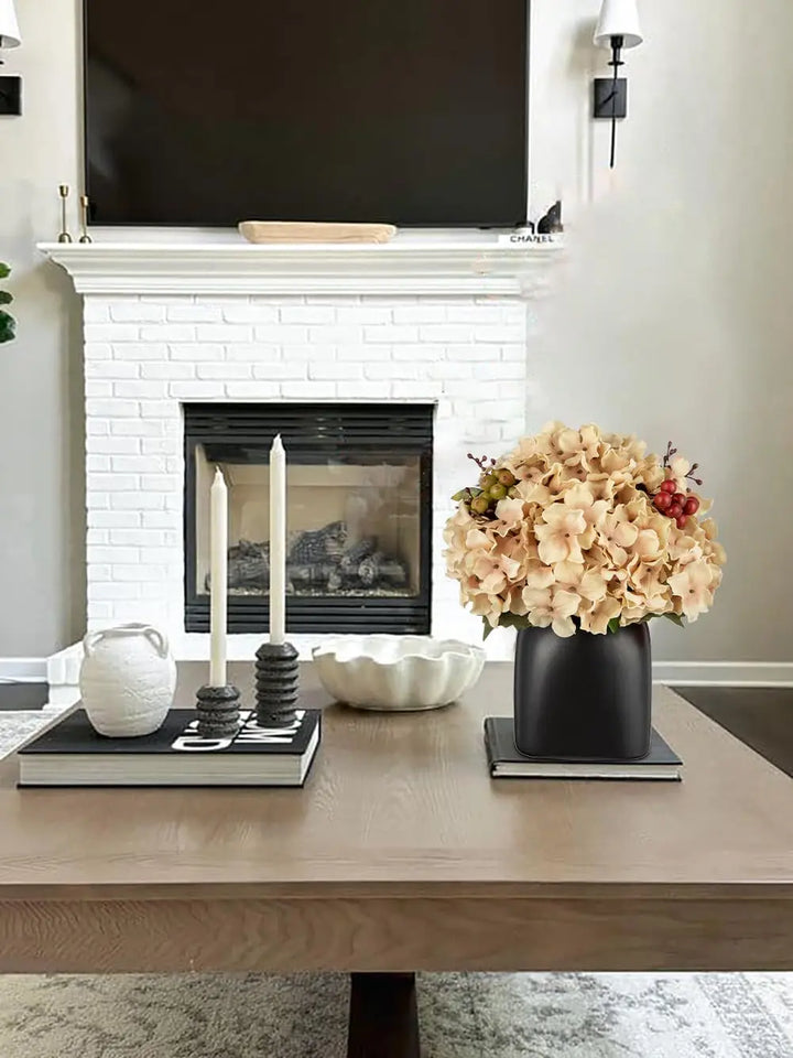 Briful Hydrangea Artificial Flowers in Ceramic Black Vase, Beige Silk Hydrangea Centerpiece