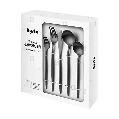 Bysta Silverware, 20 PC Stainless Steel Flatware Set - Matte Black