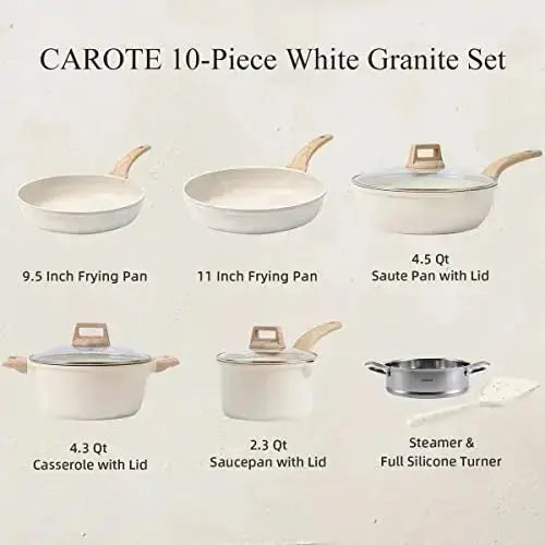 CAROTE 11-Piece Nonstick Cookware Set with Detachable Handles - White