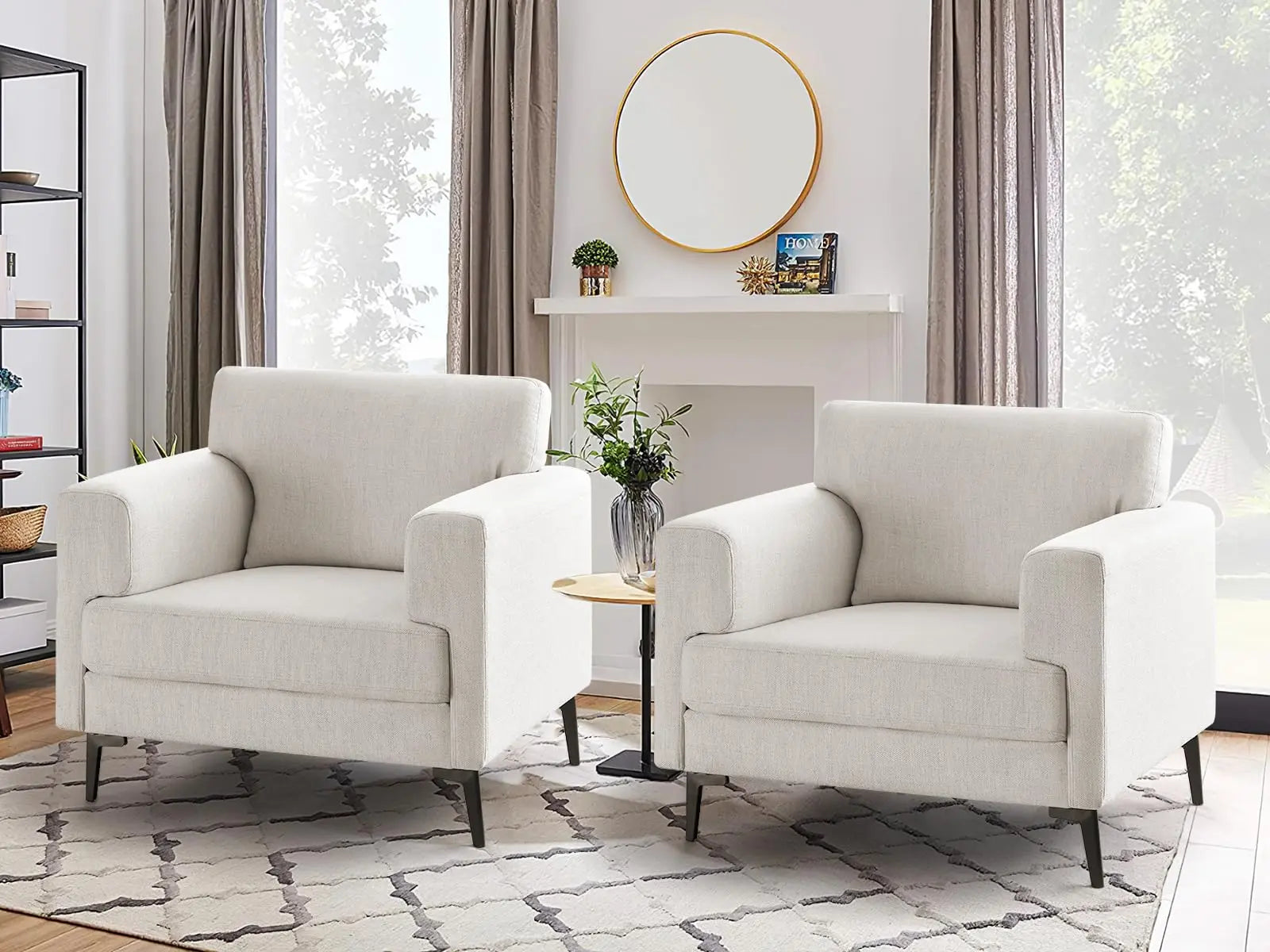 CDCASA Accent Chair, Linen Fabric Oversized Mid Century Modern Chair Set of 2, Comfy Upholstered Armchair Reading Accent Chairs - Beige 
