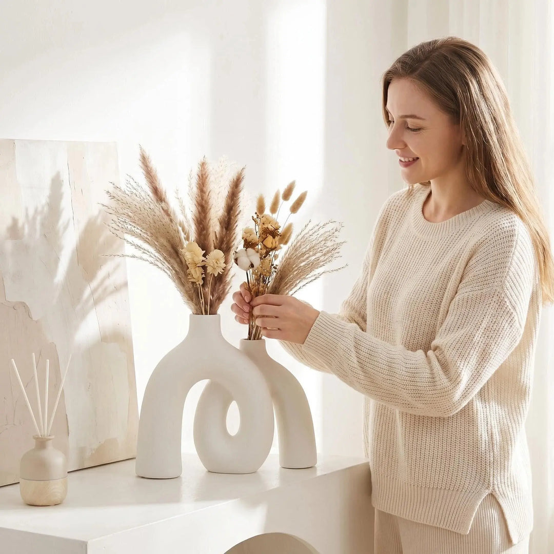 CEMABT Modern Nordic Boho Vase Set - Elegant White Matte Ceramic Home Decor for Living Room, Bookshelf, Mantel, Entryway Table & Console Décor | Shelf Decorations Gift