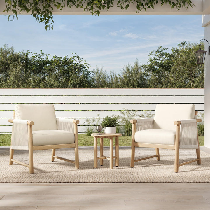 CHITA 3-Piece Outdoor Patio Boho Rattan Bistro Set, Acacia Wood, Cream 