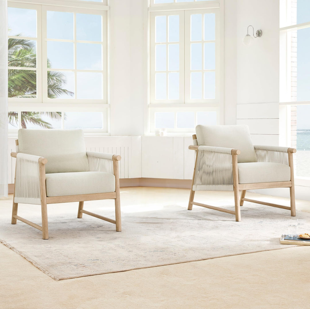 CHITA Outdoor Patio Boho Rattan 2-Piece Chair Set, Acacia Wood, Cream 