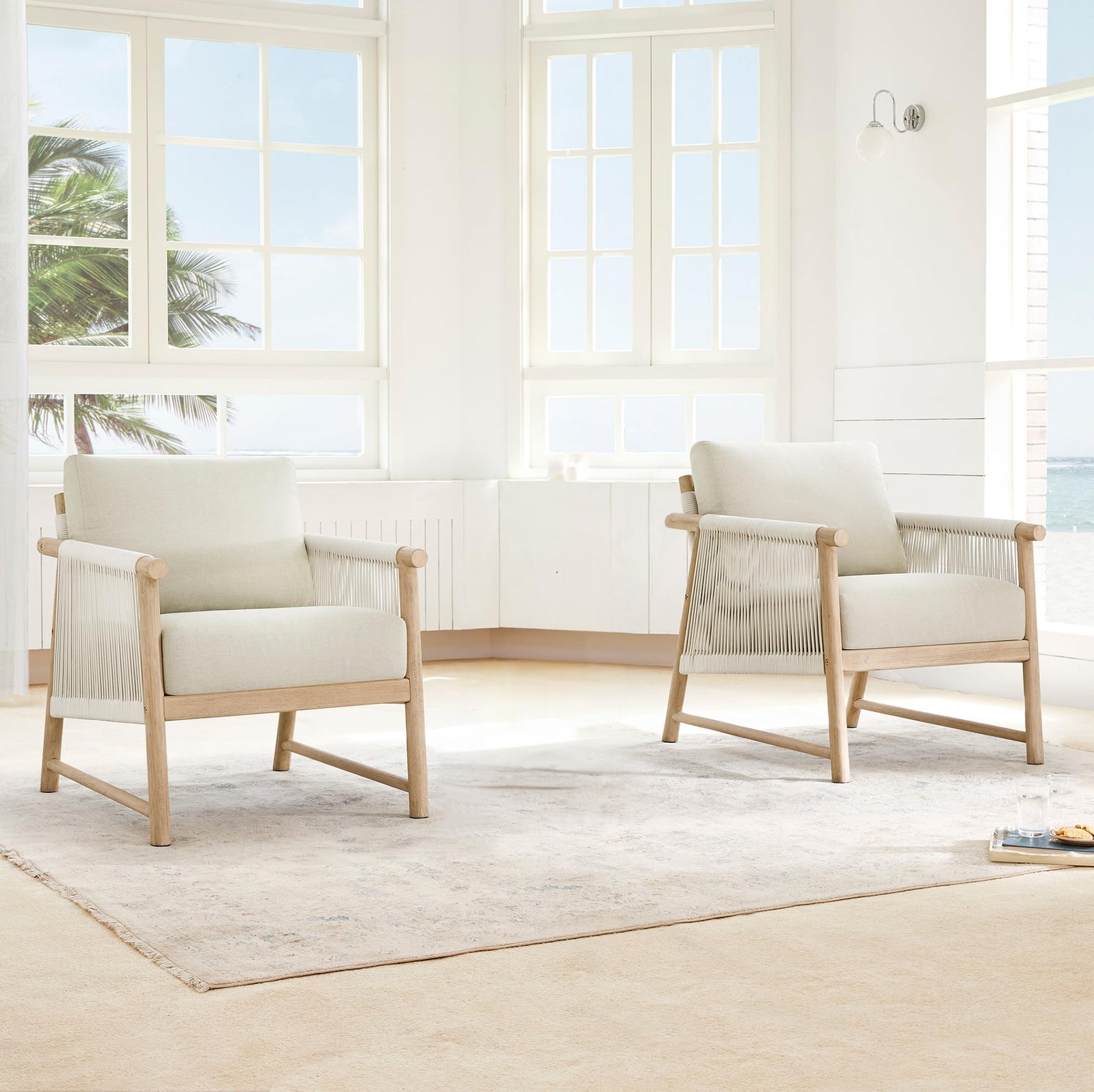 CHITA Outdoor Patio Boho Rattan 2-Piece Chair Set, Acacia Wood, Cream 