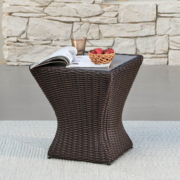 CHITA Outdoor Patio Wicker Square Side Table with Cement Top, Chestnut 