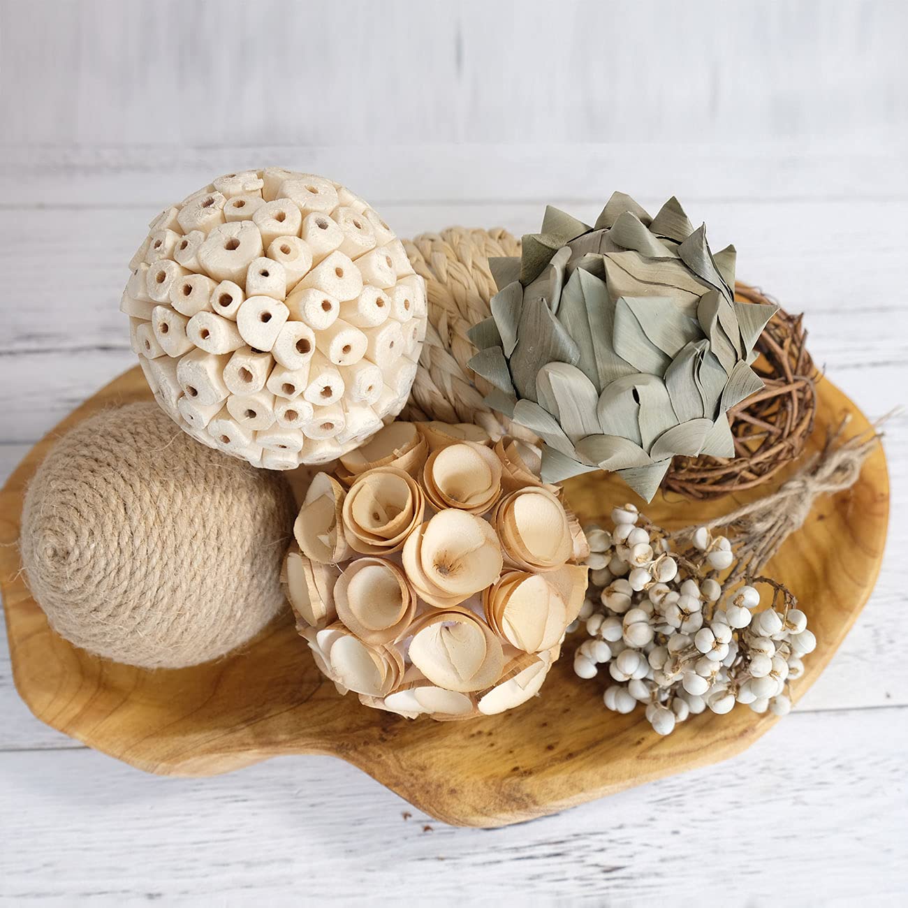 CIR OASES 6pcs 3.5inch Woven Wicker Rattan Balls Decorative Ball Twig Orbs Green Orbs Vase Bowl Filler for Tabletop Decor (Beige White) 