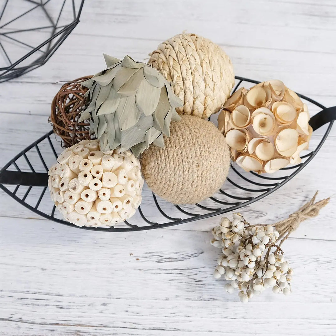 CIR OASES 6pcs 3.5inch Woven Wicker Rattan Balls Decorative Ball Twig Orbs Green Orbs Vase Bowl Filler for Tabletop Decor (Beige White)