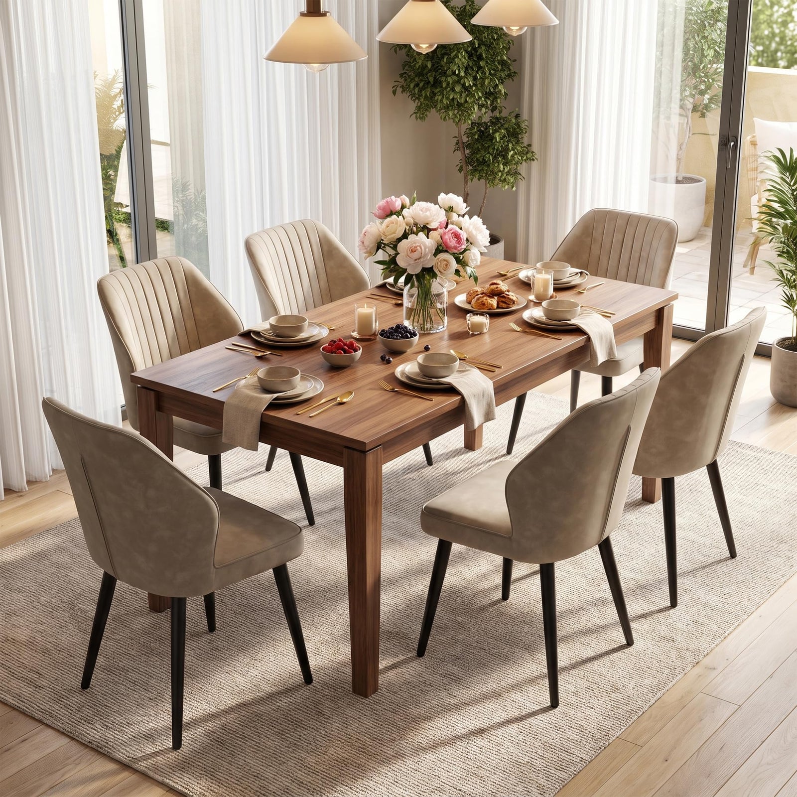 CLIPOP Faux Leather Dining Chairs Set of 6, Leather Dining Chairs, Mid-Century Modern Dining Room Chairs, Upholstered Kitchen Chairs with Metal Legs, Leisure Chair for Guest Reception Room - Beige 