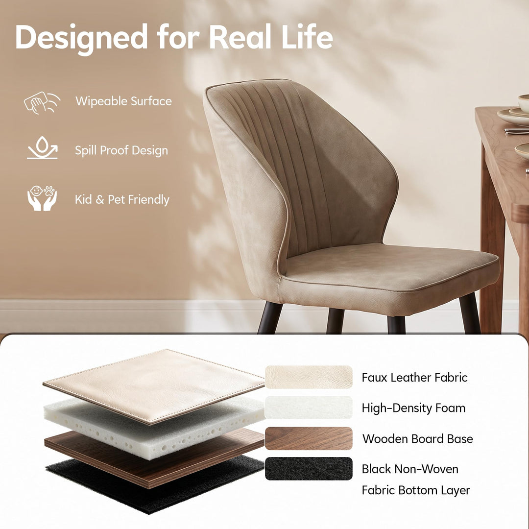 CLIPOP Faux Leather Dining Chairs Set of 6, Leather Dining Chairs, Mid-Century Modern Dining Room Chairs, Upholstered Kitchen Chairs with Metal Legs, Leisure Chair for Guest Reception Room - Beige 