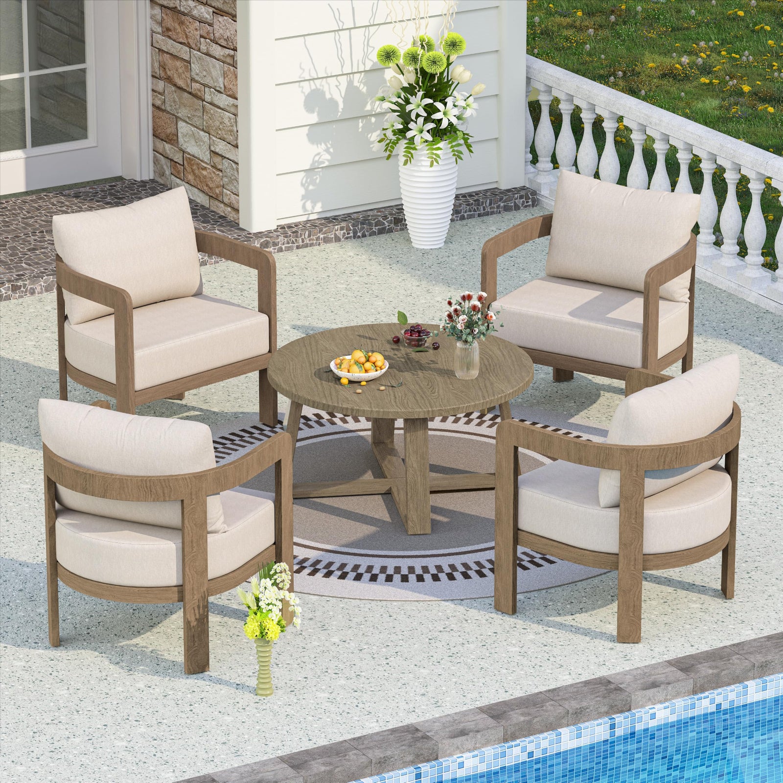 COMLAX FIELD 5 Pieces Patio Furniture Set with 6" Thick Cushions,Beige 