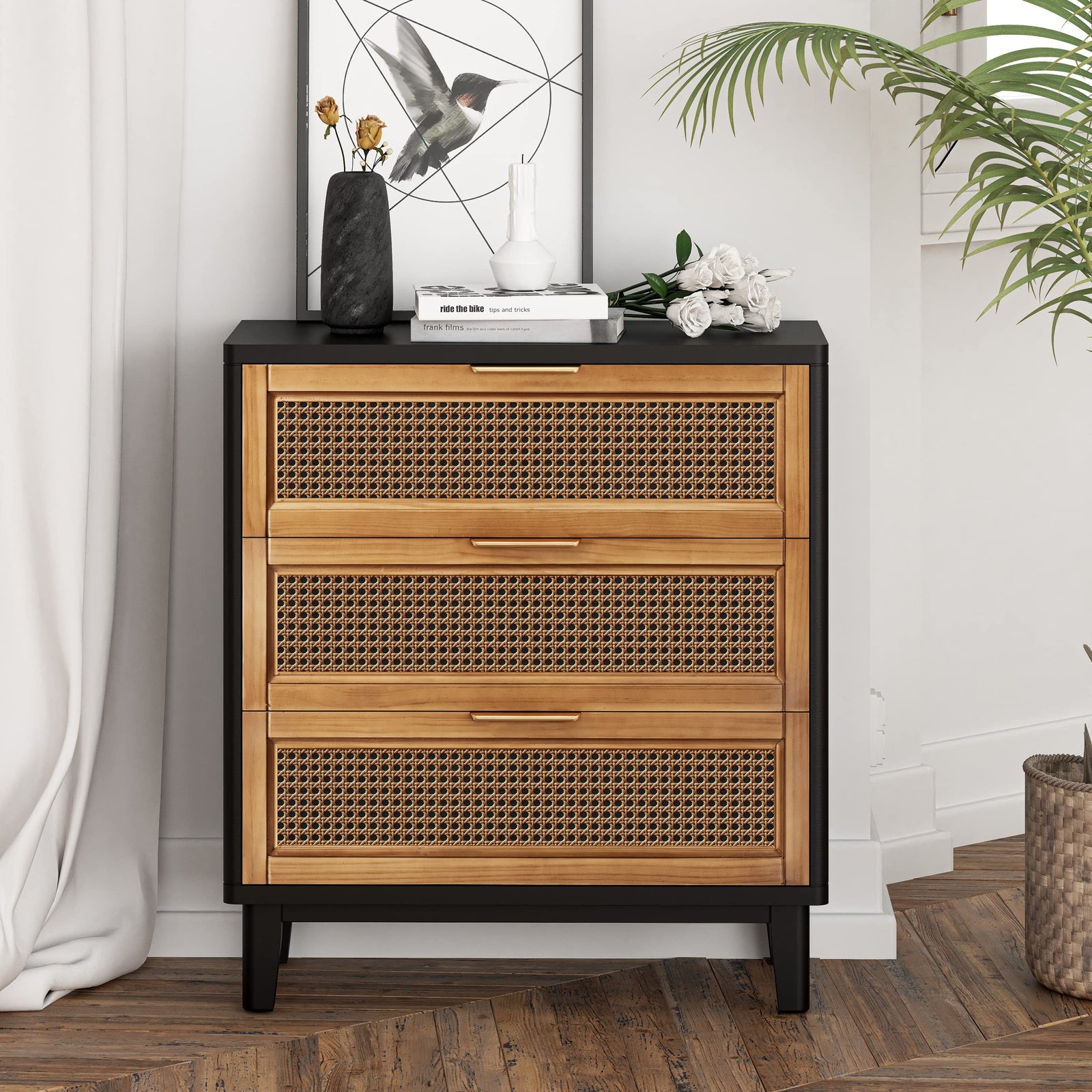 COZAYH Farmhouse 3-Drawer Nightstand, Woven Cane Front Accent Dresser with Brass Pull, Fully-Assembled, Black 