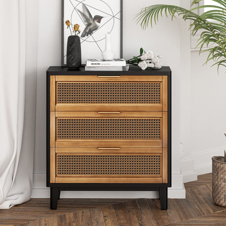COZAYH Farmhouse 3-Drawer Nightstand, Woven Cane Front Accent Dresser with Brass Pull, Fully-Assembled, Black 