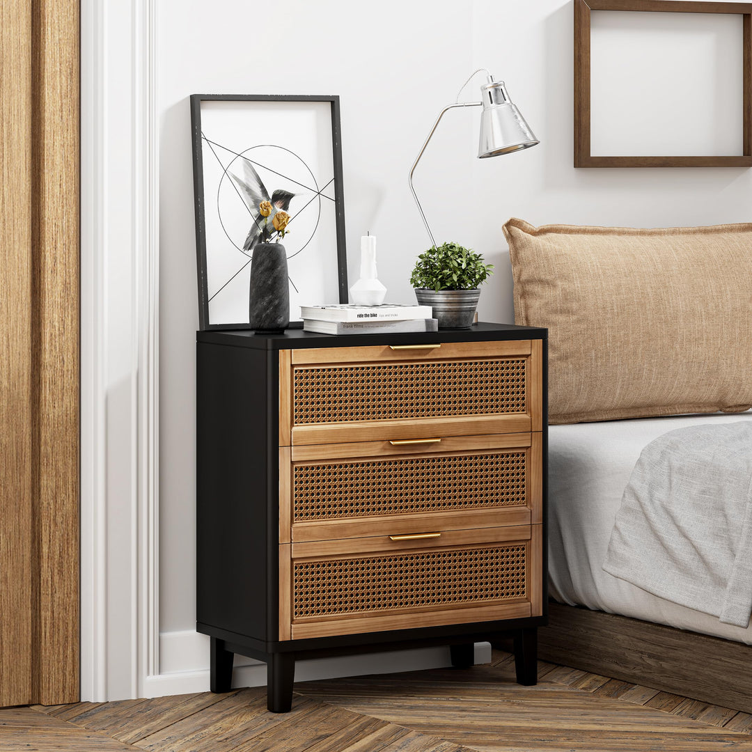 COZAYH Farmhouse 3-Drawer Nightstand, Woven Cane Front Accent Dresser with Brass Pull, Fully-Assembled, Black 