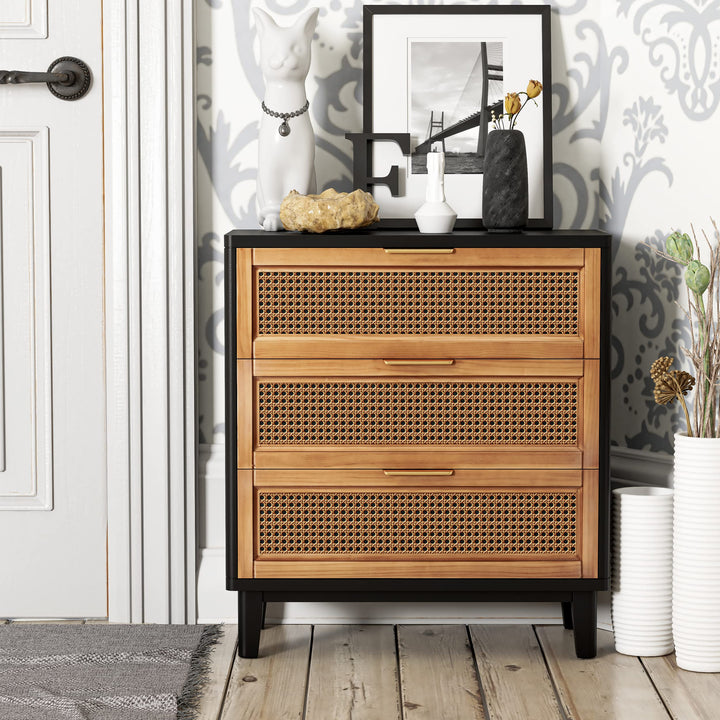COZAYH Farmhouse 3-Drawer Nightstand, Woven Cane Front Accent Dresser with Brass Pull, Fully-Assembled, Black 