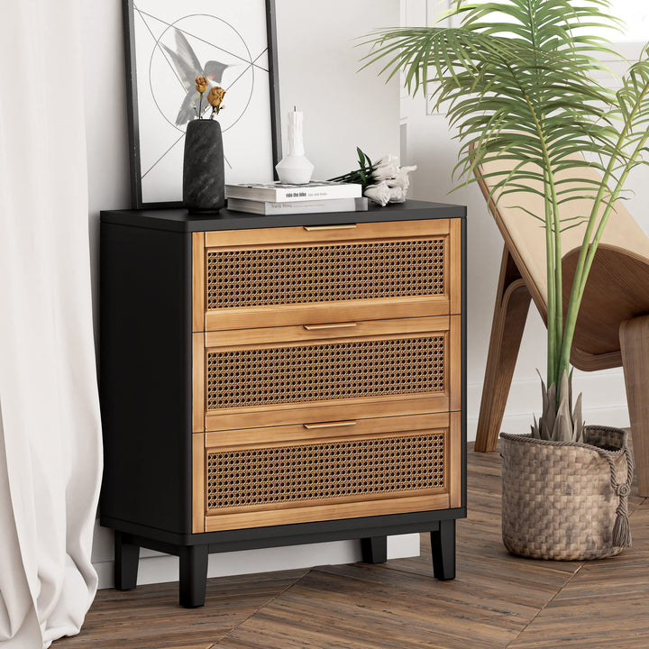 COZAYH Farmhouse 3-Drawer Nightstand, Woven Cane Front Accent Dresser with Brass Pull, Fully-Assembled, Black 