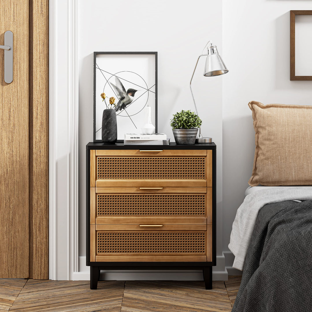 COZAYH Farmhouse 3-Drawer Nightstand, Woven Cane Front Accent Dresser with Brass Pull, Fully-Assembled, Black 
