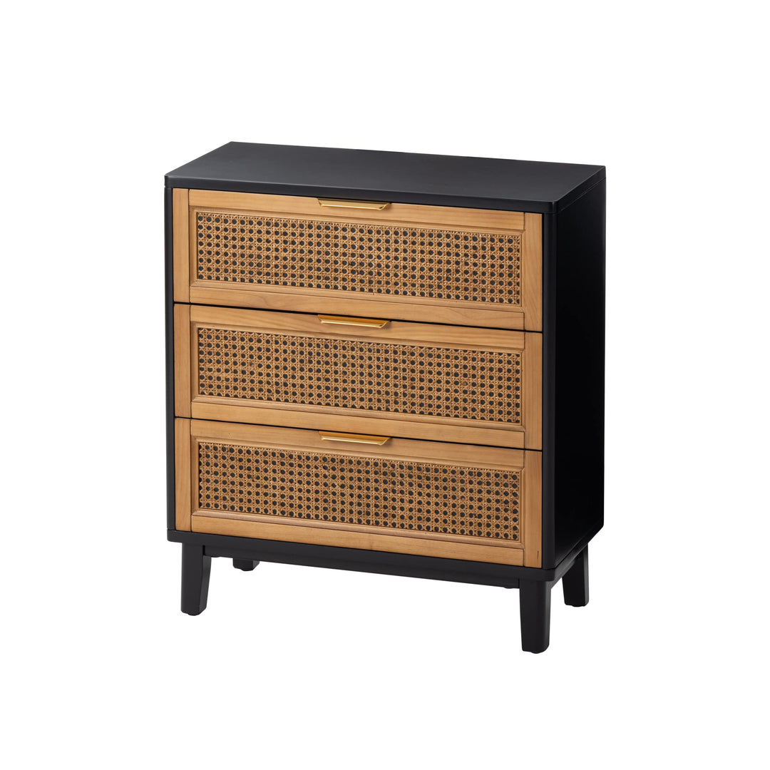 COZAYH Farmhouse 3-Drawer Nightstand, Woven Cane Front Accent Dresser with Brass Pull, Fully-Assembled, Black 