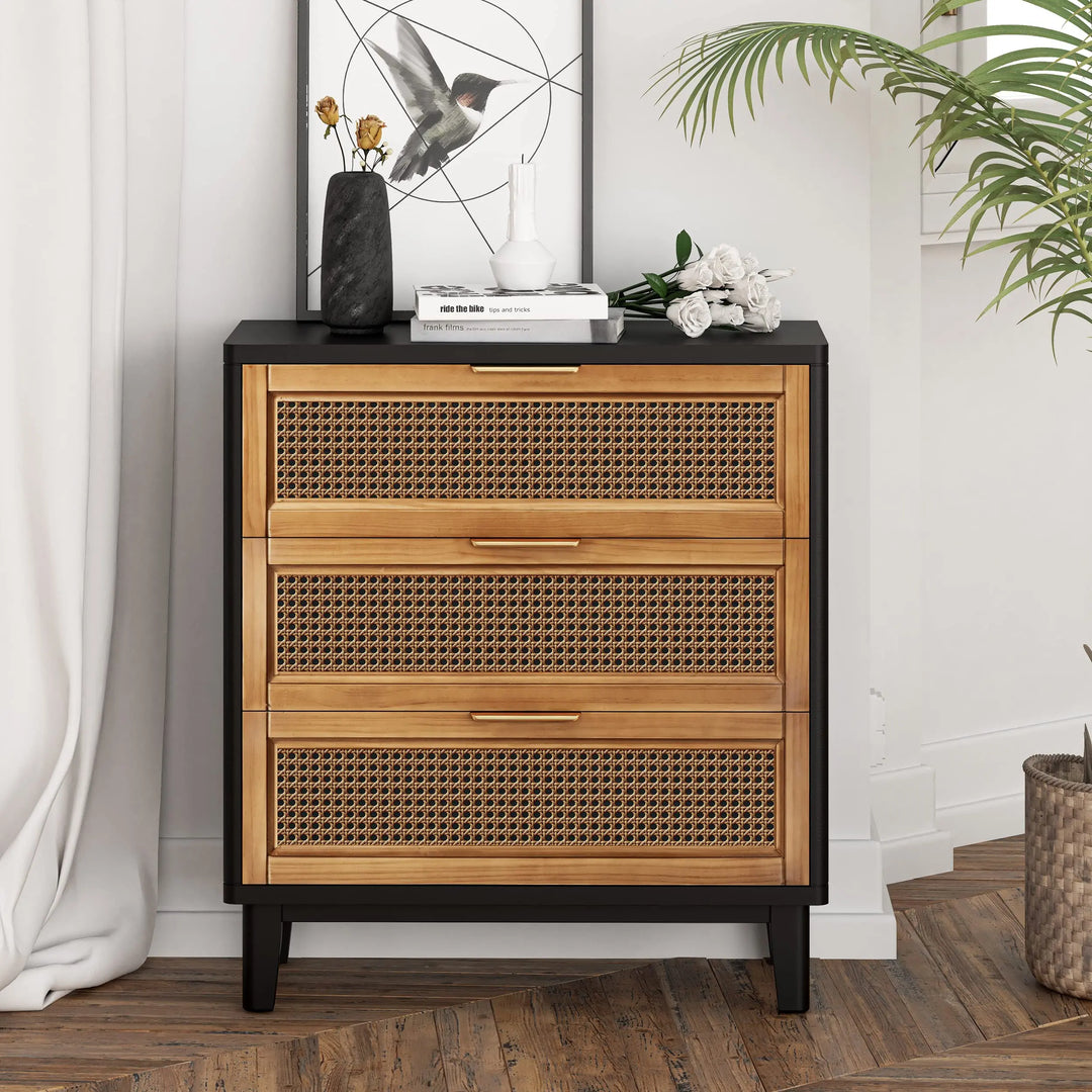 COZAYH Farmhouse 3-Drawer Nightstand, Woven Cane Front Accent Dresser with Brass Pull, Fully-Assembled, Black 