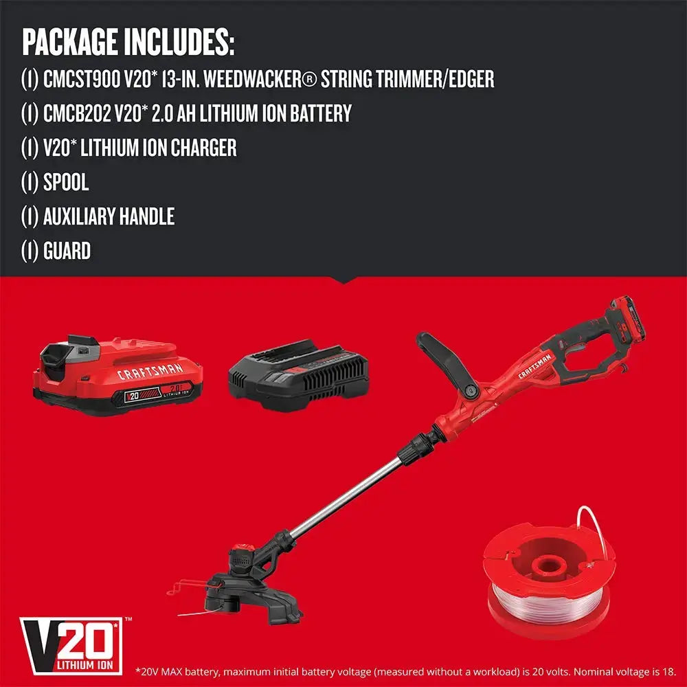 CRAFTSMAN V20 Weed Wacker Cordless String Trimmer and Edger, Weed Eater Includes 2.0 Ah Battery and Charger, Lightweight, Extended Runtime, 2 Speed (CMCST900D1) 