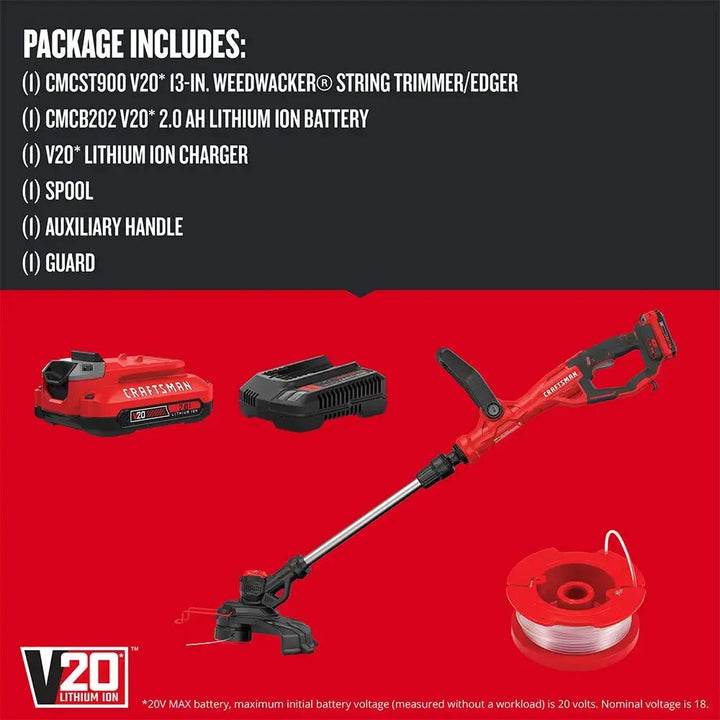 CRAFTSMAN V20 Weed Wacker Cordless String Trimmer and Edger, Weed Eater Includes 2.0 Ah Battery and Charger, Lightweight, Extended Runtime, 2 Speed (CMCST900D1) 