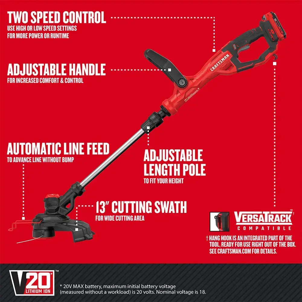 CRAFTSMAN V20 Weed Wacker Cordless String Trimmer and Edger, Weed Eater Includes 2.0 Ah Battery and Charger, Lightweight, Extended Runtime, 2 Speed (CMCST900D1) 