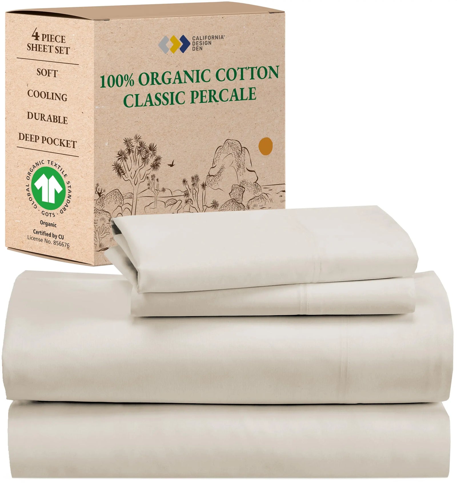 California Design Den 100% Organic Cotton Queen Sheet Set, Deep Pockets, Percale Sheets Queen, Soft Cooling Sheets, GOTS Certified 4 Piece Cotton Bed Sheets Queen, Ivory Sheets 