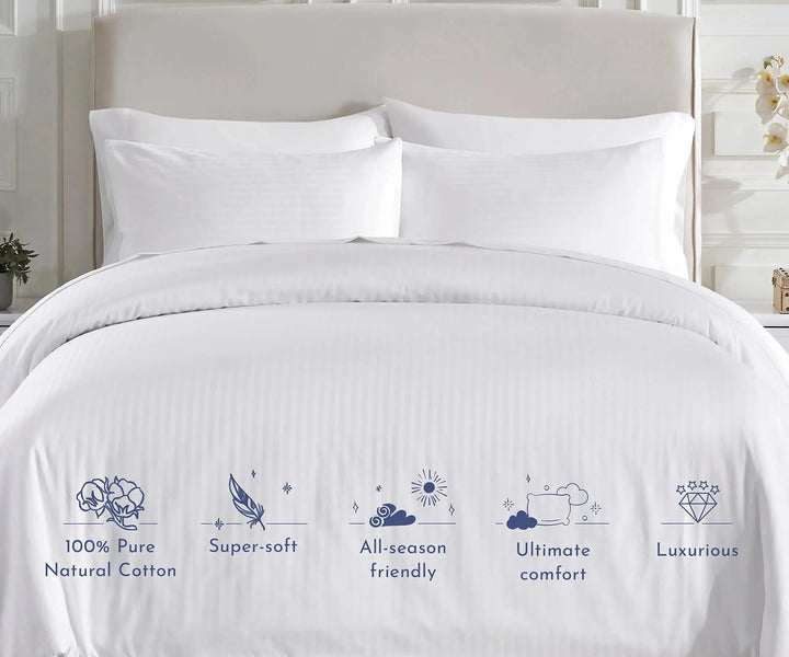 California Design Den Stripe Duvet Cover Queen Size, 400 Thread Count Sateen 100% Cotton Comforter Cover, 2 Pillow Shams, 3-Pc Bedding Set, Button Closure, Corner Ties (White Stripes, Queen) 