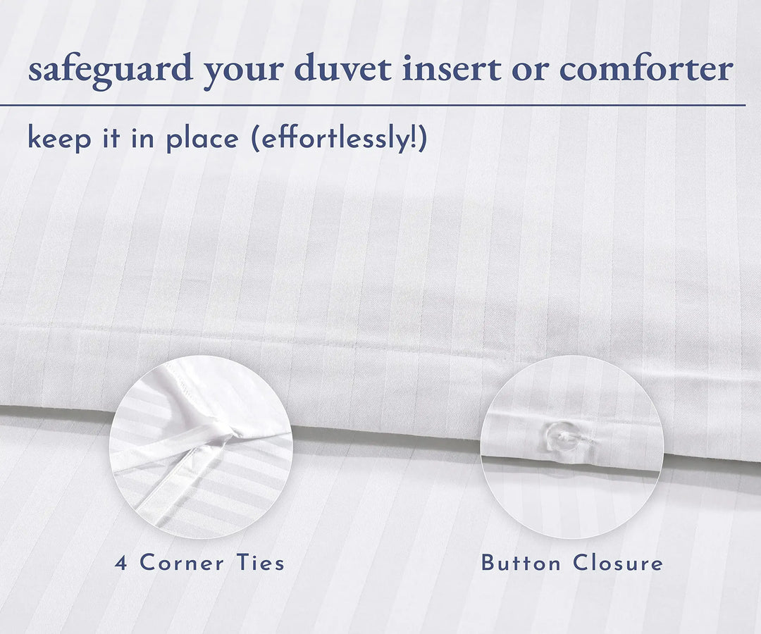 California Design Den Stripe Duvet Cover Queen Size, 400 Thread Count Sateen 100% Cotton Comforter Cover, 2 Pillow Shams, 3-Pc Bedding Set, Button Closure, Corner Ties (White Stripes, Queen) 