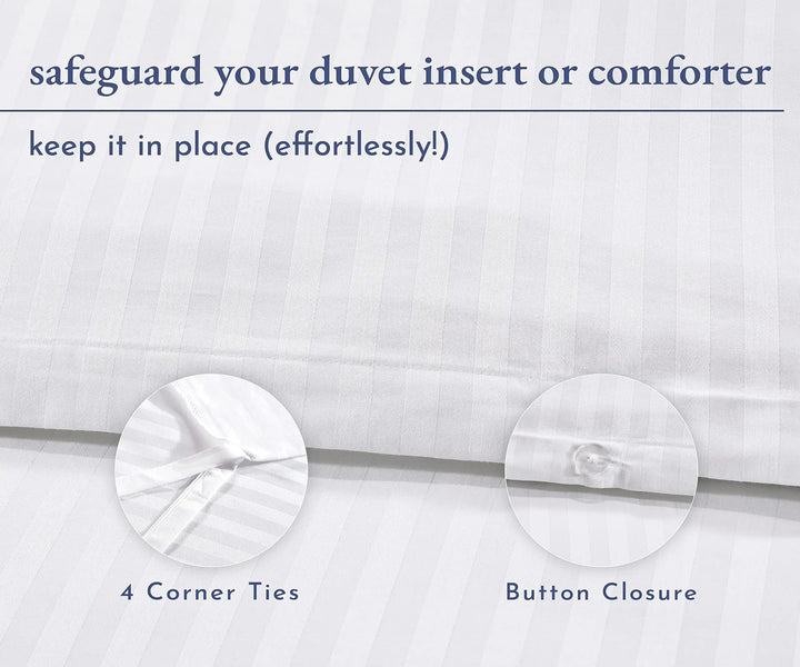 California Design Den Stripe Duvet Cover Queen Size, 400 Thread Count Sateen 100% Cotton Comforter Cover, 2 Pillow Shams, 3-Pc Bedding Set, Button Closure, Corner Ties (White Stripes, Queen) 