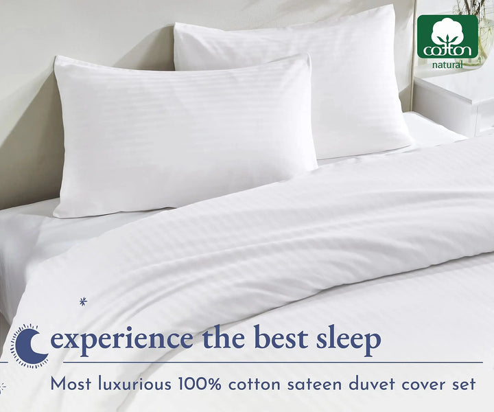 California Design Den Stripe Duvet Cover Queen Size, 400 Thread Count Sateen 100% Cotton Comforter Cover, 2 Pillow Shams, 3-Pc Bedding Set, Button Closure, Corner Ties (White Stripes, Queen) 