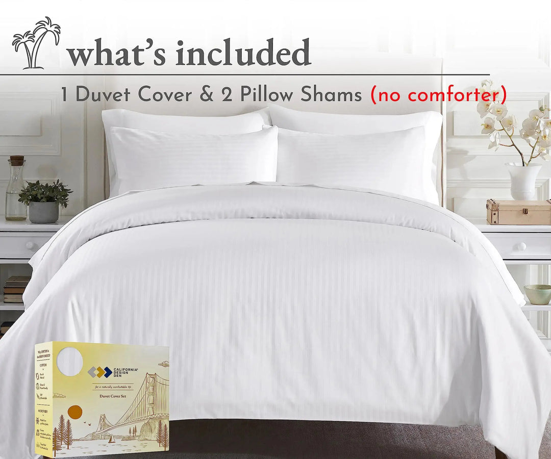California Design Den Stripe Duvet Cover Queen Size, 400 Thread Count Sateen 100% Cotton Comforter Cover, 2 Pillow Shams, 3-Pc Bedding Set, Button Closure, Corner Ties (White Stripes, Queen) 