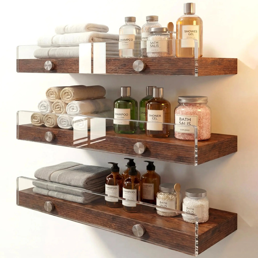 Wood Floating Shelves with Acrylic Front Lip, Rustic Shelf 15.7 inch, Floating Shelf for Wall Mounted Set of 3, Wide Wooden Wall Shelves for Living Room Bedroom Kitchen Bathroom, Brown, 15.7W x 5.8D 