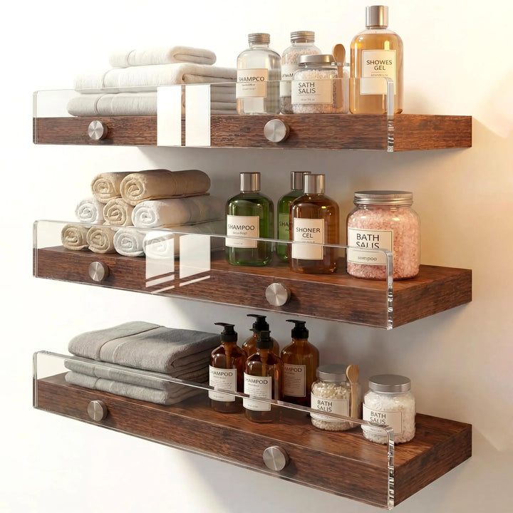 Wood Floating Shelves with Acrylic Front Lip, Rustic Shelf 15.7 inch, Floating Shelf for Wall Mounted Set of 3, Wide Wooden Wall Shelves for Living Room Bedroom Kitchen Bathroom, Brown, 15.7W x 5.8D 