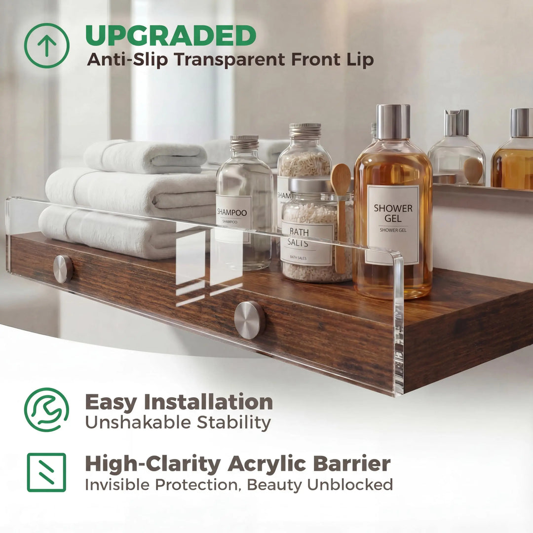 Wood Floating Shelves with Acrylic Front Lip, Rustic Shelf 15.7 inch, Floating Shelf for Wall Mounted Set of 3, Wide Wooden Wall Shelves for Living Room Bedroom Kitchen Bathroom, Brown, 15.7W x 5.8D 