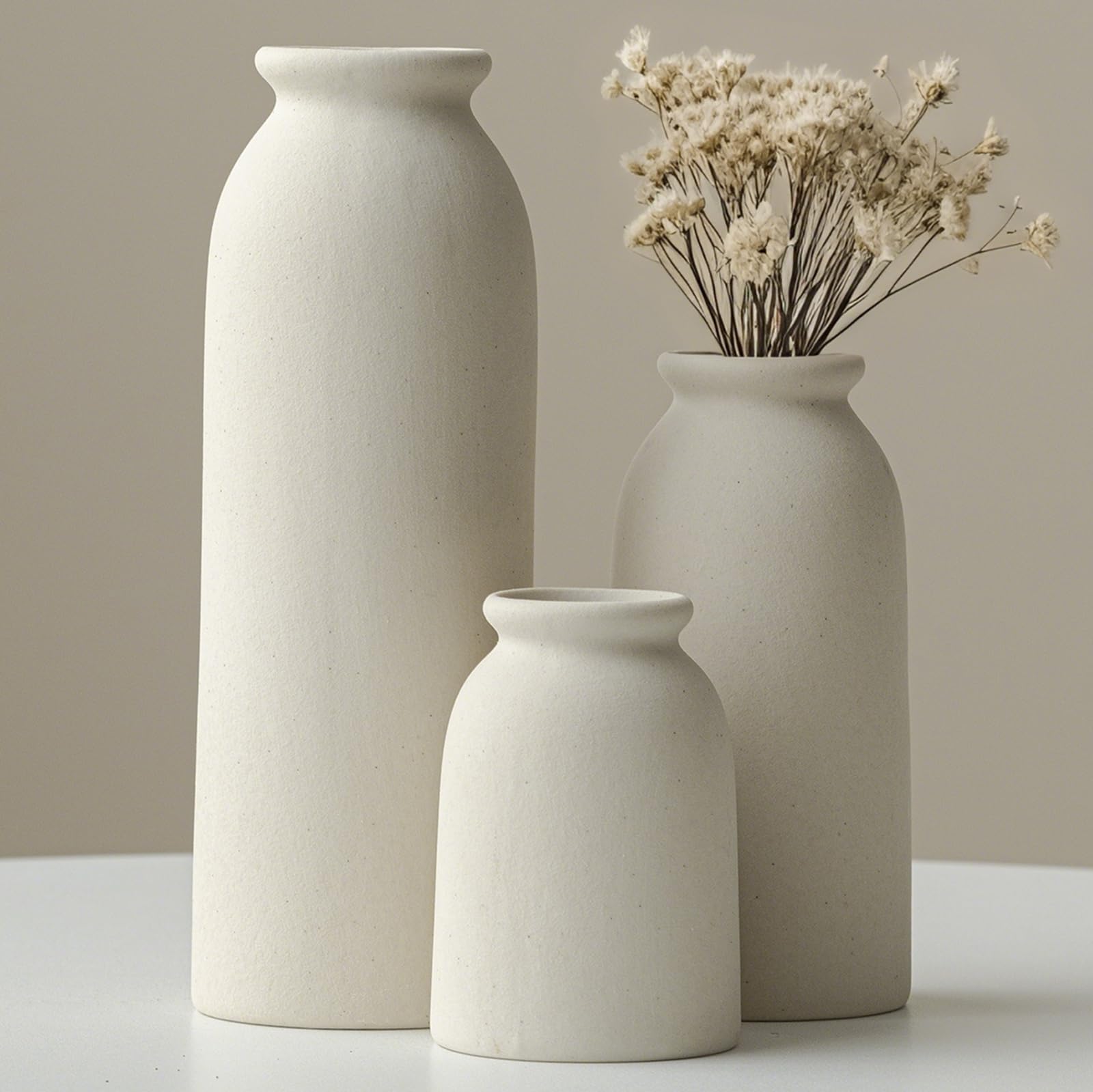 Ceramic Vase Set-3, Small Flower Vases for Decor, Modern Boho Farmhouse Style, Decorative Vases for Pampas Grass & Dried Flowers, Distressed Finish - Beige 