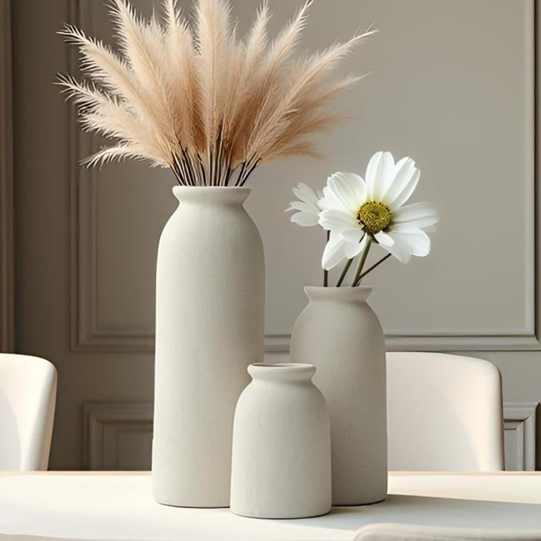 Ceramic Vase Set-3, Small Flower Vases for Decor, Modern Boho Farmhouse Style, Decorative Vases for Pampas Grass &amp; Dried Flowers, Distressed Finish - Beige 
