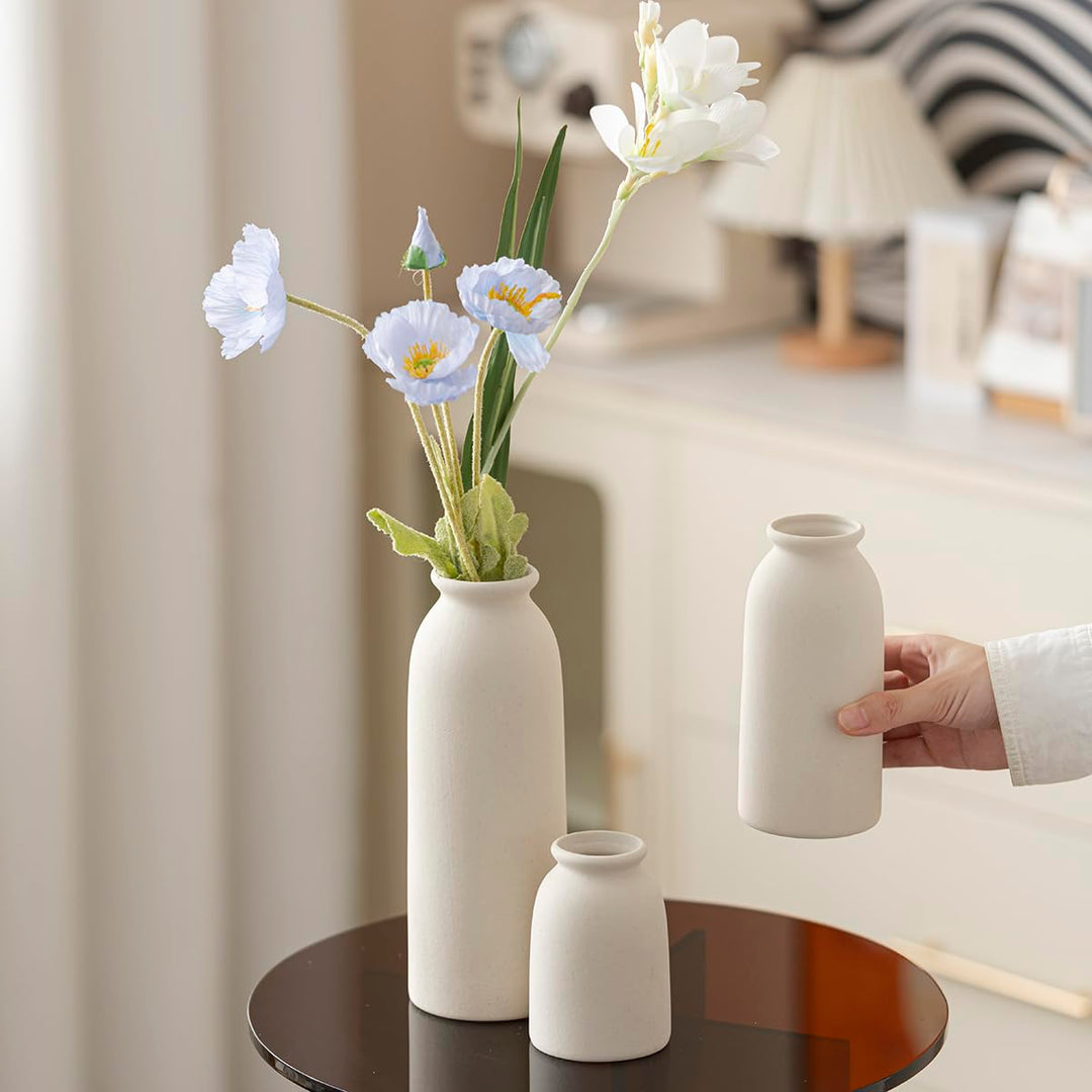 Ceramic Vase Set-3, Small Flower Vases for Decor, Modern Boho Farmhouse Style, Decorative Vases for Pampas Grass &amp; Dried Flowers, Distressed Finish - Beige 