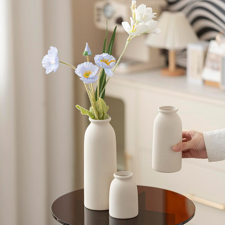 Ceramic Vase Set-3, Small Flower Vases for Decor, Modern Boho Farmhouse Style, Decorative Vases for Pampas Grass &amp; Dried Flowers, Distressed Finish - Beige 