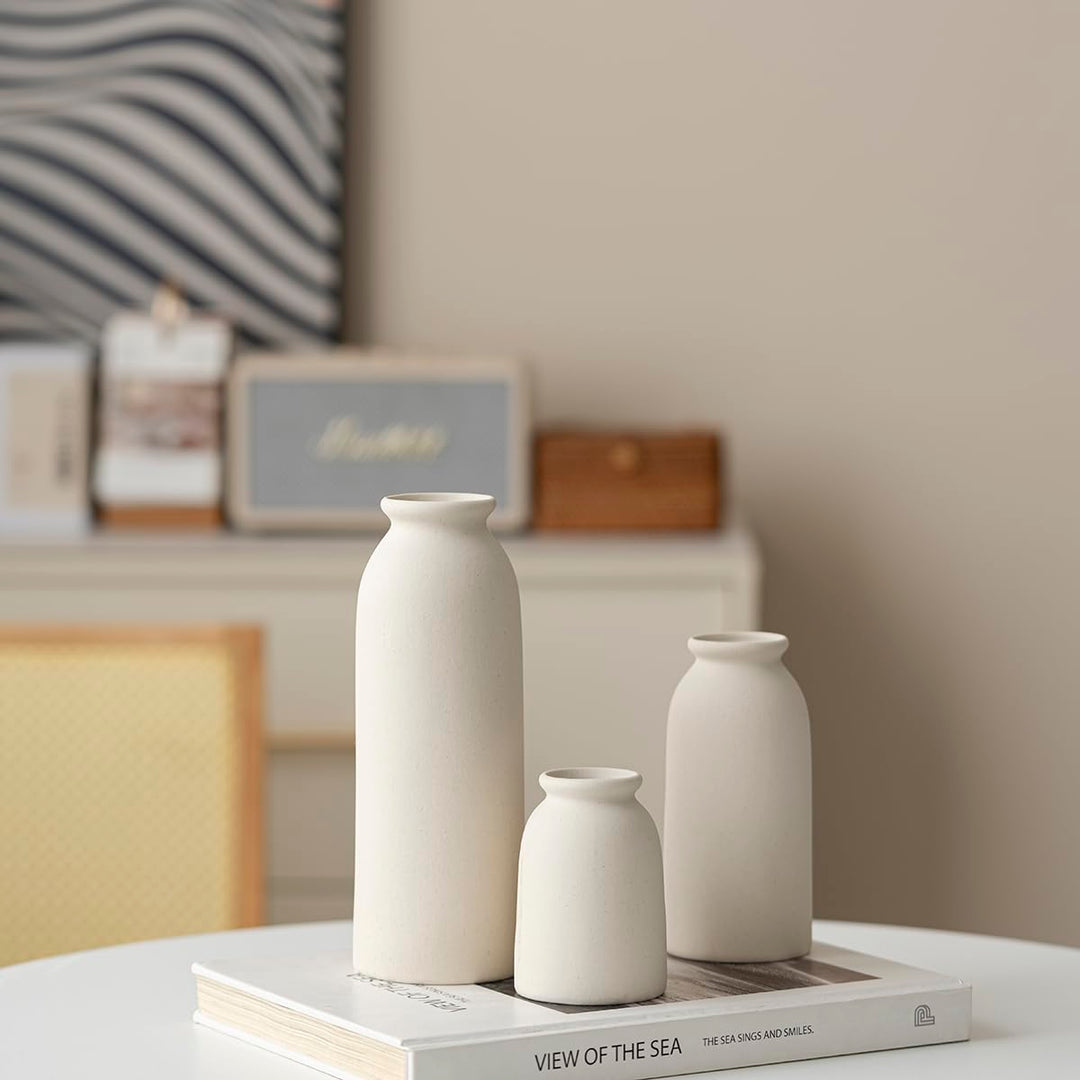 Ceramic Vase Set-3, Small Flower Vases for Decor, Modern Boho Farmhouse Style, Decorative Vases for Pampas Grass &amp; Dried Flowers, Distressed Finish - Beige 