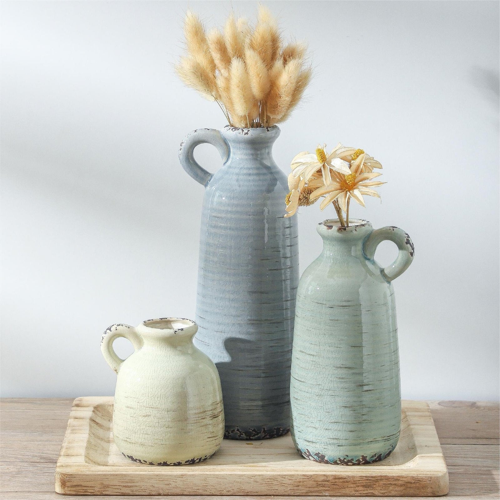 Ceramic Vase Set of 3 | Neutral Vase Home Decor with Handle | Pottery Modern Farmhouse Vases Pampas Grass Flower Vases for Home Decor Table Living Room Centerpieces Mantel Decor - Multicolor 
