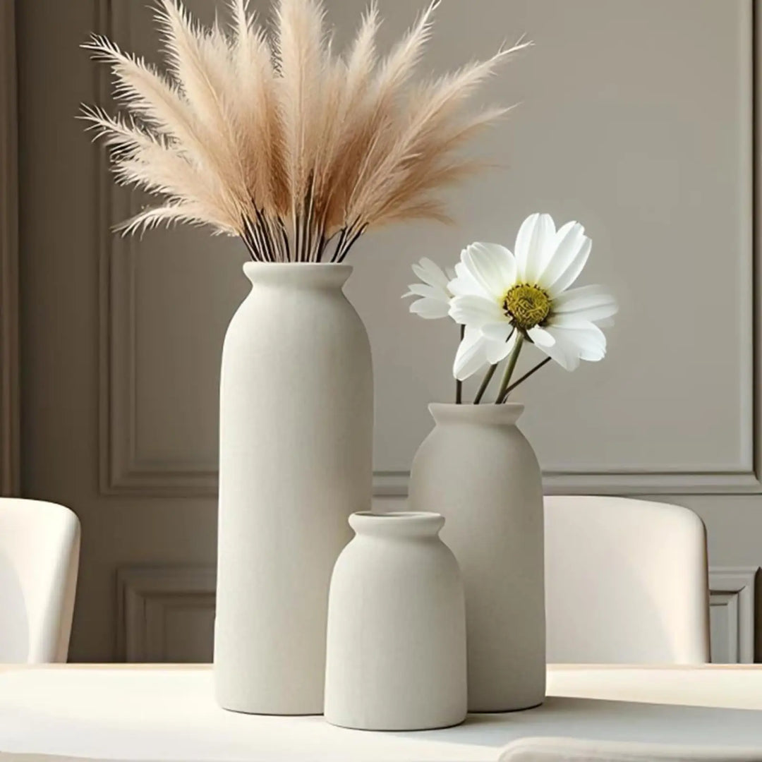 Ceramic Vase Set-3, Small Flower Vases for Decor, Modern Boho Farmhouse Style, Decorative Vases for Pampas Grass &amp; Dried Flowers, Distressed Finish - Beige 