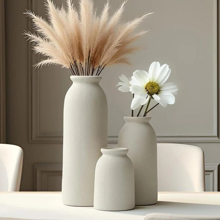 Ceramic Vase Set-3, Small Flower Vases for Decor, Modern Boho Farmhouse Style, Decorative Vases for Pampas Grass &amp; Dried Flowers, Distressed Finish - Beige 