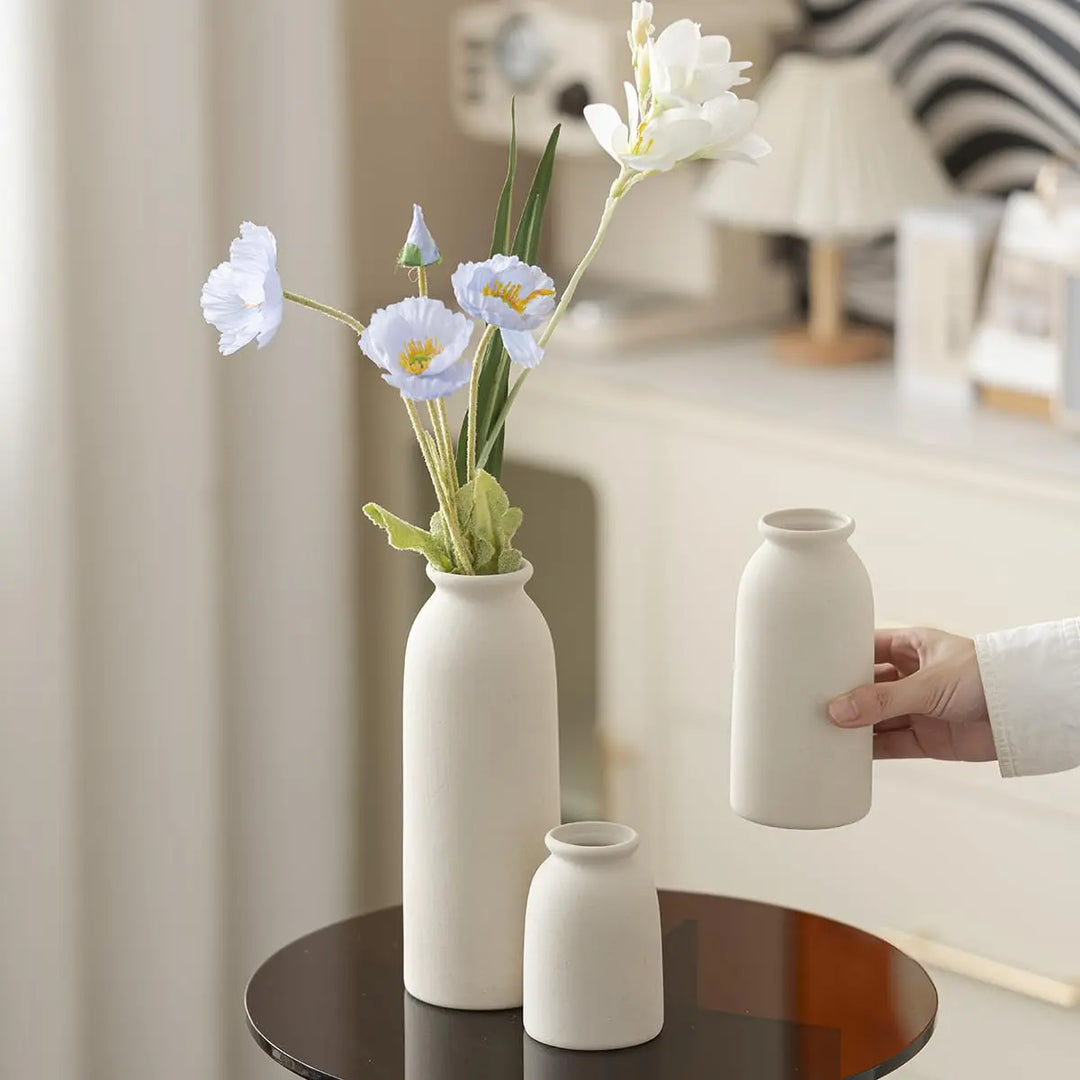 Ceramic Vase Set-3, Small Flower Vases for Decor, Modern Boho Farmhouse Style, Decorative Vases for Pampas Grass &amp; Dried Flowers, Distressed Finish - Beige 