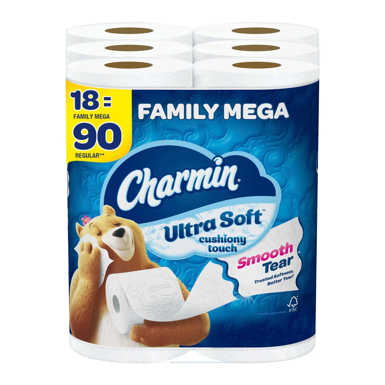 Charmin Toilet Paper Ultra Soft Cushiony Touch, 18 Family Mega Rolls 