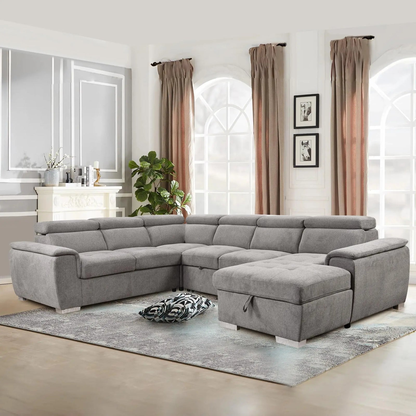 ChicFurnit Sofa U-Shaped Sectional with Adjustable Headrest, 5 Angles, 125'', Comfortable Waist Pillow & Additional Arm Cushions - Light Gray 