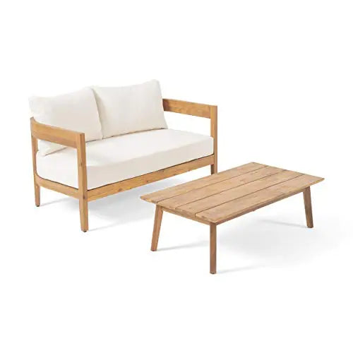 Christopher Knight Home 312396 Alina Outdoor Loveseat Set with Coffee Table - Teak Finish, Beige Christopher Knight Home