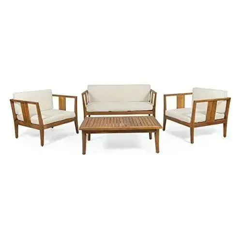 Christopher Knight Home Acacia Wood Outdoor 4-Seater Beatrice Set - Teak and Beige